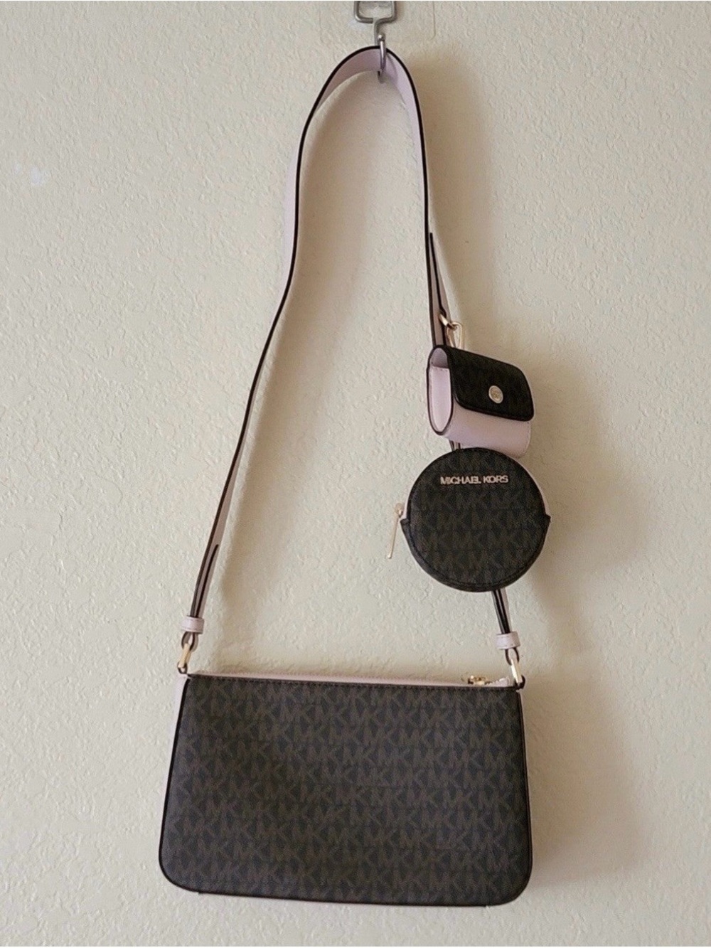 Michael Kors Brown MK Logo Crossbody with Light Pink Trim and Coin Pouch